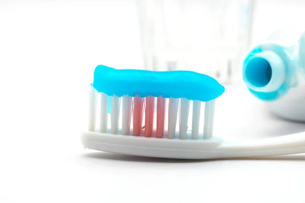 Modrá Zubní Pasta Štětiny Zubního Kartáčku Tuba Zubní Pasty Sklenice Stock Snímky