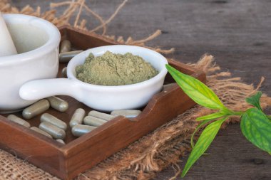 Andrographis Paniculata beyaz bardakta toz, çay tabağında bitkisel kapsüller, çuval bezinde yapraklar ve eski ahşap arka planda Andrographis Paniculata eczanede geleneksel bir ev yapımı ilaçtır..