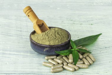 Andrographis Paniculata özüt tozu seramik kap içinde tıbbi bitki ve tahta kaşık, bitkisel kapsüller, ve taze yapraklar, eski yeşil ahşap arka planda.