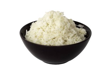 Seramik kasede pilav, kesme yolu olan beyaz arka planda izole edilmiş..