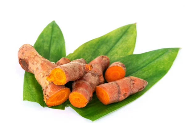 Turmeric Curcuma Longa Linn Root Food Herbal Green Leaves Isolated — Stockfoto