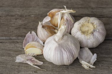 Sarımsak soğanları (Allium sativum L.) ve eski ahşap arka planda sarımsak karanfilleri. Sarımsak kolesterol ve kan şekerini düşürür..