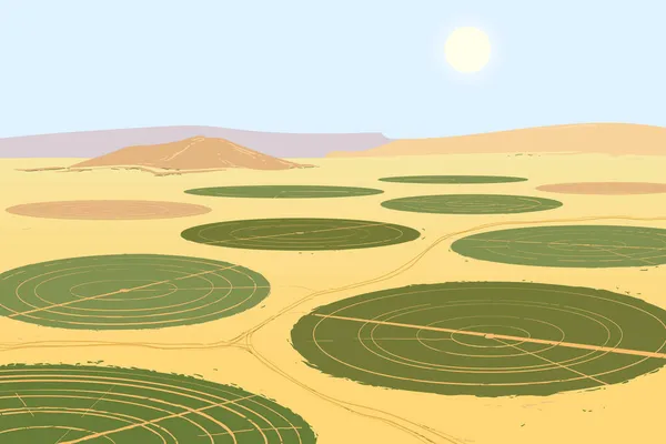 Ландшафт Навколишніми Сільськогосподарськими Полями Пустелі Технологія Розвитку Безплідних Земель Посушливих — стоковий вектор