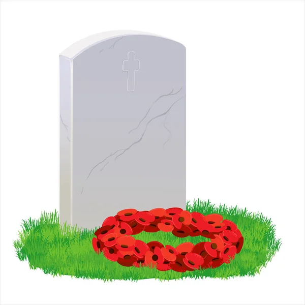 绿色草地上的白色大理石墓碑 红色的罂粟花束 在阵亡将士纪念日 墓碑上装饰着一个花环 英国和加拿大的一个值得纪念的日子 — 图库矢量图片