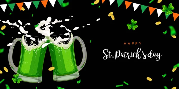 Horizontal Patrick Day Banner Green Beer Mugs Toast Good Luck — Stock Vector