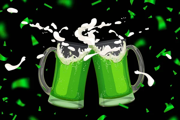 Two Mugs Fresh Beer Green Beer Traditional Drink Patrick Day — Stock Vector