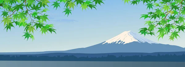 富士山を背景にした春の枝 暖かい季節 夏の初め 上部の雪はまだ溶けていません 緑色の日本の葉が上から垂れ下がります ベクトル水平形式 — ストックベクタ