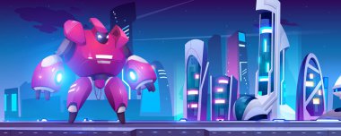 Fütürist gece şehrinde savaş robotu transformatörü