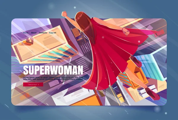 Супержінка мультфільм посадкова сторінка, дівчина супергероя — стоковий вектор