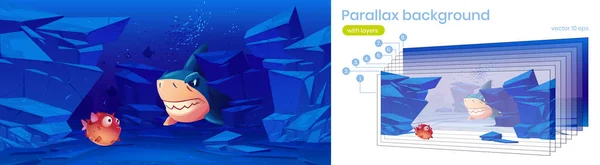 Parallax achtergrond met kogelvis en haai — Stockvector