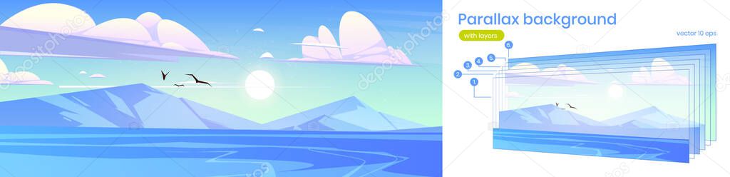 Parallax background with sea and mountains