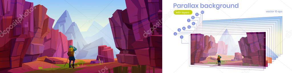 Parallax background with hiker walks in canyon
