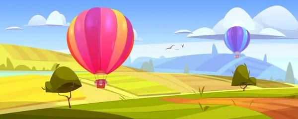 Hot air balloons fly over green fields — Stock Vector