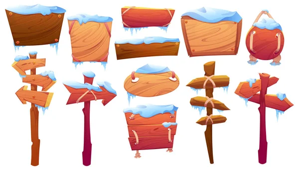 Borden, planken en wijzers, van hout, met sneeuw — Stockvector