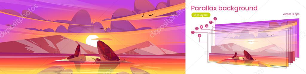 Parallax background with sunset landscape of lake