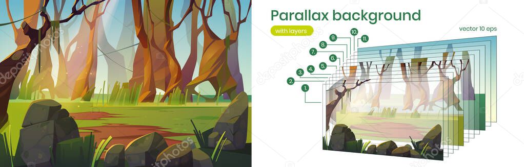 Parallax background with spring forest glade