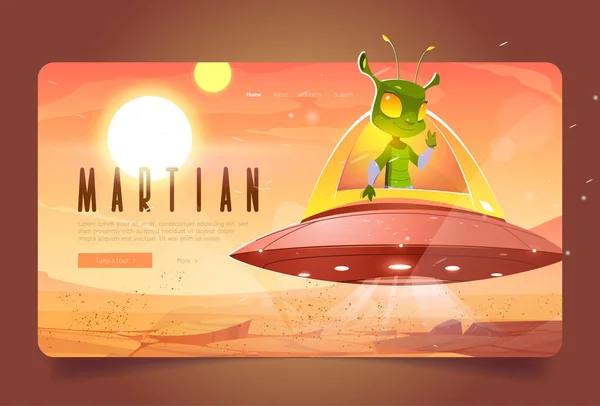 Desenhos animados marcianos landing page, alienígena bonito em ufo —  Vetores de Stock
