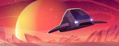 Uzay gemisi yabancı gezegen yüzeyinin üzerinde uçuyor.