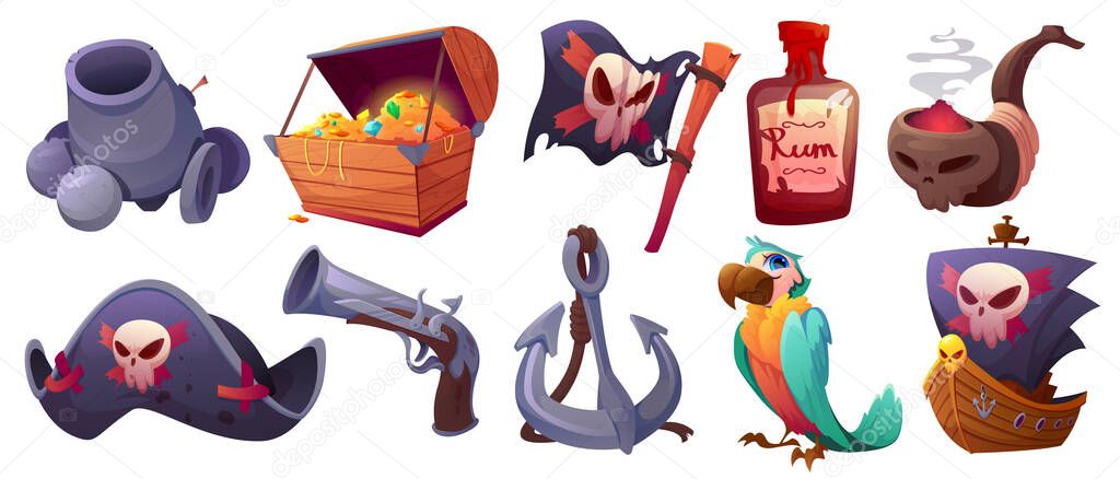 Set pirate items cartoon icons Vector illustration