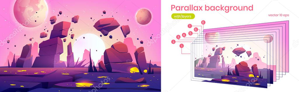 Parallax background with alien planet landscape