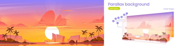 Sunset sky in ocean parallax background, island