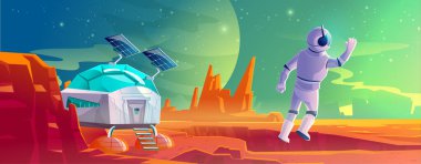Yabancı gezegen manzarasında astronot, kolonileşme