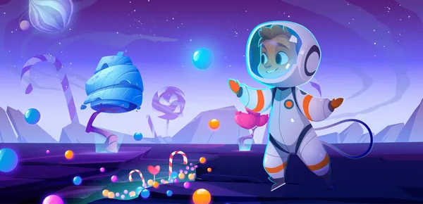 Nettes Astronautenkind auf außerirdischem Planeten mit Süßigkeiten — Stockvektor