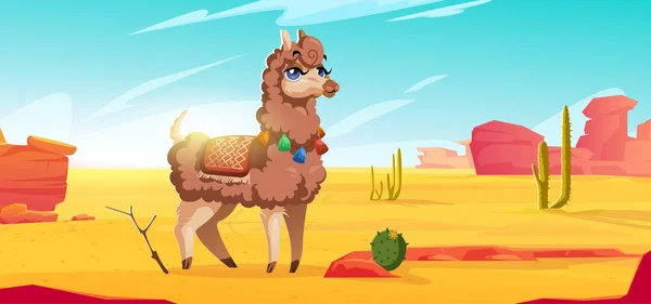 Linda alpaca en desierto mexicano con cactus — Vector de stock