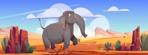 Paseo divertido elefante en el paisaje del desierto, animal — Vector de stock