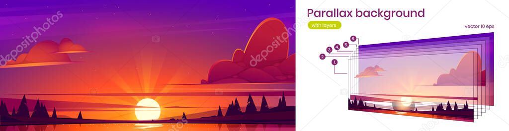 Parallax background with lake landscape at sunset