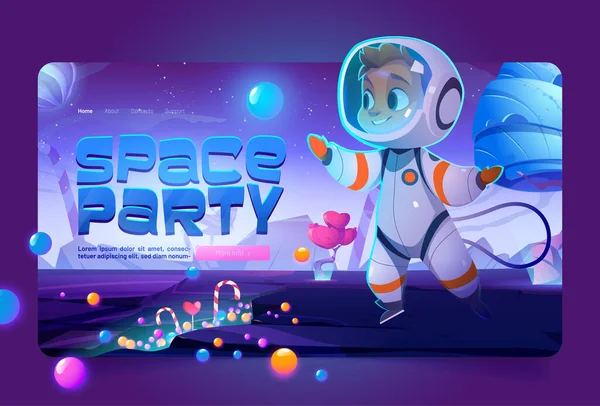 Space party banner with spaceman in sweet world — Stock Vector