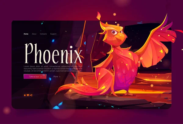 Phoenix banner with fenix in cave with hot lava — Stock Vector