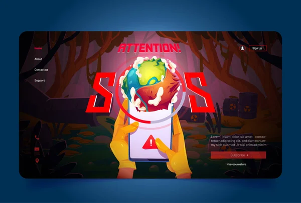Mentse el a bolygó rajzfilm kezdőlap öko-szennyezés — Stock Vector