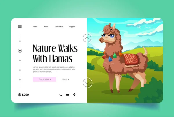 Natureza caminha com llamas landing page —  Vetores de Stock