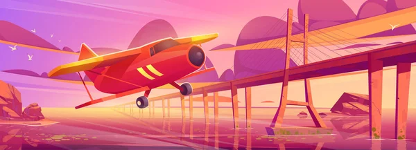 Pequeño avión volando al atardecer océano con puente — Vector de stock