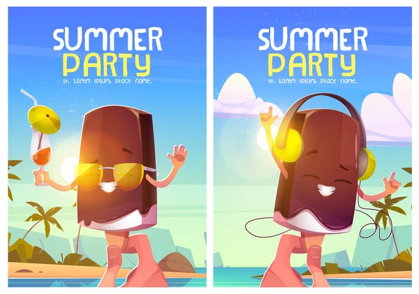 Плакаты на летние вечеринки с симпатичным персонажем мороженого — стоковый вектор