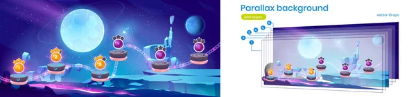 Parallax achtergrond met ruimte spel niveau kaart — Stockvector
