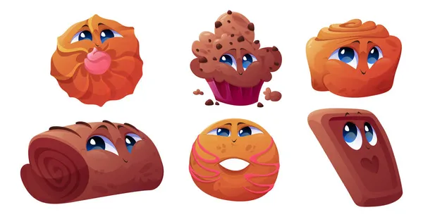Personagens fofos da padaria, bolo, biscoito, rolo, donut — Vetor de Stock