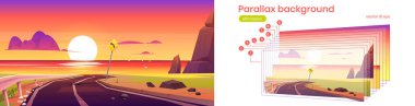 Yol, deniz ve günbatımına sahip parallaks arkaplan