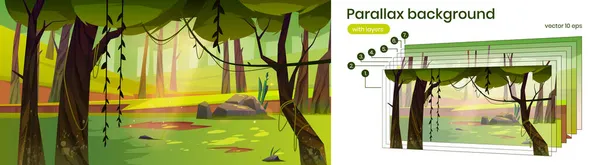 Parallax φόντο δάσος κινουμένων σχεδίων 2d τοπίο — Διανυσματικό Αρχείο