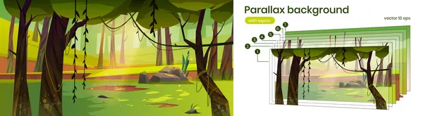 Paralaxe fundo cartoon floresta 2d paisagem — Vetor de Stock