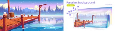 Parallaks arka planda, kış gölünde ahşap iskele.