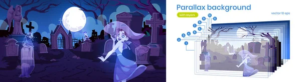 Parallax φόντο με παλιό νεκροταφείο με φαντάσματα — Διανυσματικό Αρχείο