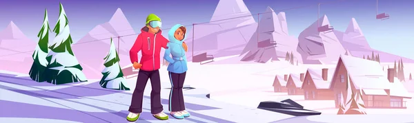 Jeune couple en station de ski, activité de plein air. — Image vectorielle