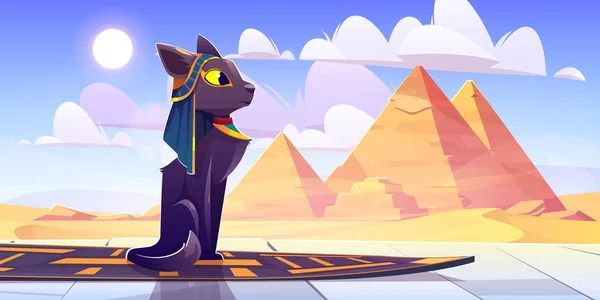 Egyiptom macska istennő Bastet ül előtt piramisok — Stock Vector