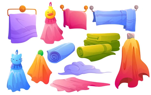 Conjunto de toalhas penduradas, deitadas, em pilha e rolo — Vetor de Stock
