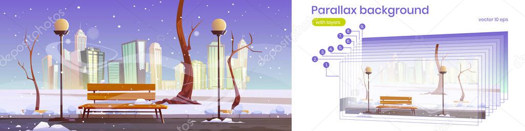 Parallax background with winter city park