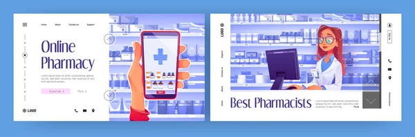 Farmacia en línea páginas de aterrizaje de dibujos animados, farmacia — Archivo Imágenes Vectoriales