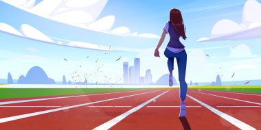 Stadyumda koşan atletik kadın, spor antrenmanı..