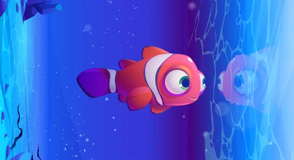 Cartoon clown fish look on reflection at water — Stock Vector